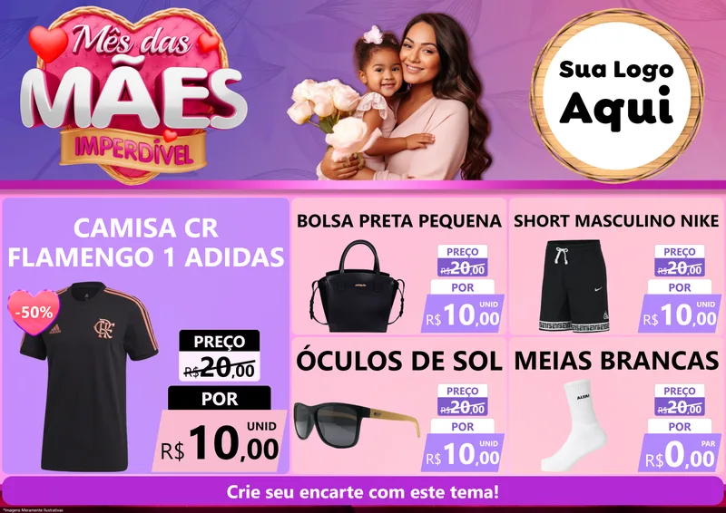 Modelo de Encarte para Encarte A4 Horizontal com o tema Mês das Mães Imperdível para Roupas e acessórios