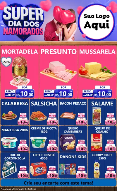 Modelo de Encarte para Encarte Grande com o tema Super Dia dos Namorados para Frios e Laticínios
