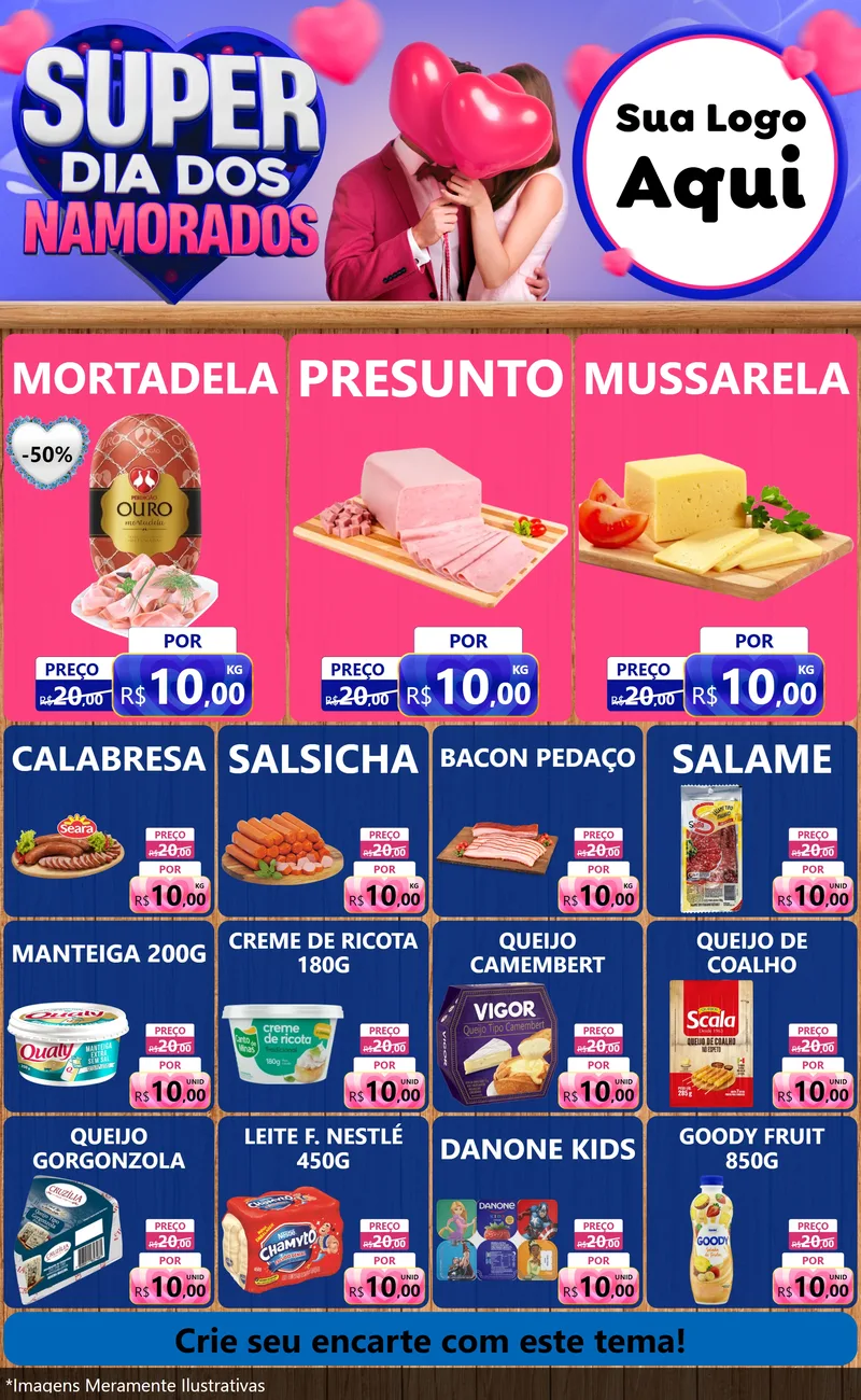 Modelo de Encarte para Encarte Grande com o tema Super Dia dos Namorados para Frios e Laticínios