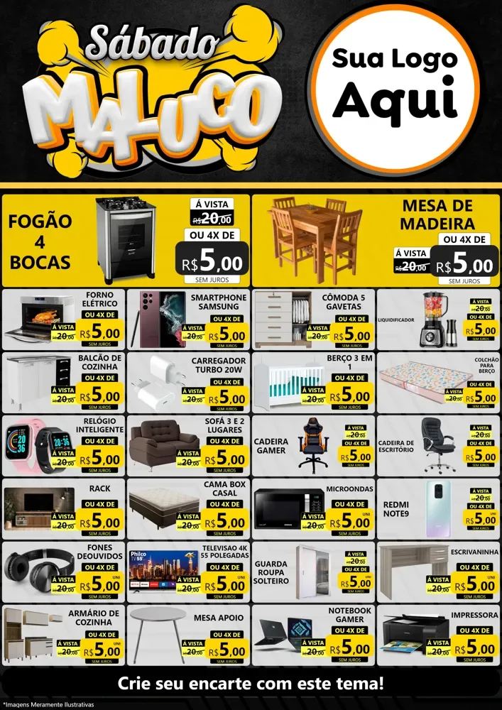 Modelo de Encarte para Encarte A4 Vertical com o tema Sábado Maluco para Móveis e Eletro