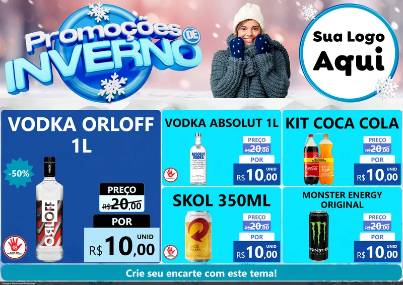 Modelo de Encarte para Encarte A4 Horizontal com o tema Promoções de Inverno para Distribuidora de bebidas