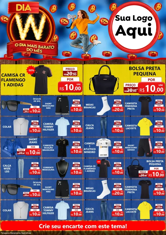 Modelo de Encarte para Encarte A4 Vertical com o tema Dia W - O Dia Mais Barato Do Mês para Roupas e acessórios