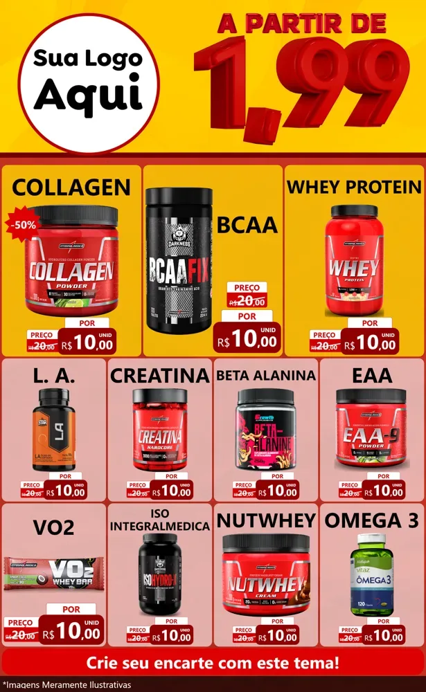 Modelo de Encarte para Encarte Grande com o tema A Partir de Um e Noventa e Nove - 1,99 para Suplementos alimentares