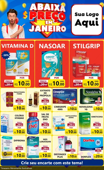 Modelo de Encarte para Encarte Grande com o tema Abaixa Preço em Janeiro para Farmácia
