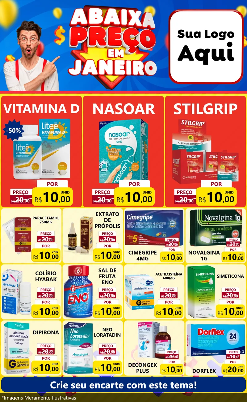 Modelo de Encarte para Encarte Grande com o tema Abaixa Preço em Janeiro para Farmácia