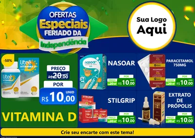 Modelo de Encarte para Encarte A4 Horizontal com o tema Ofertas Especiais Feriado da Independência para Farmácia