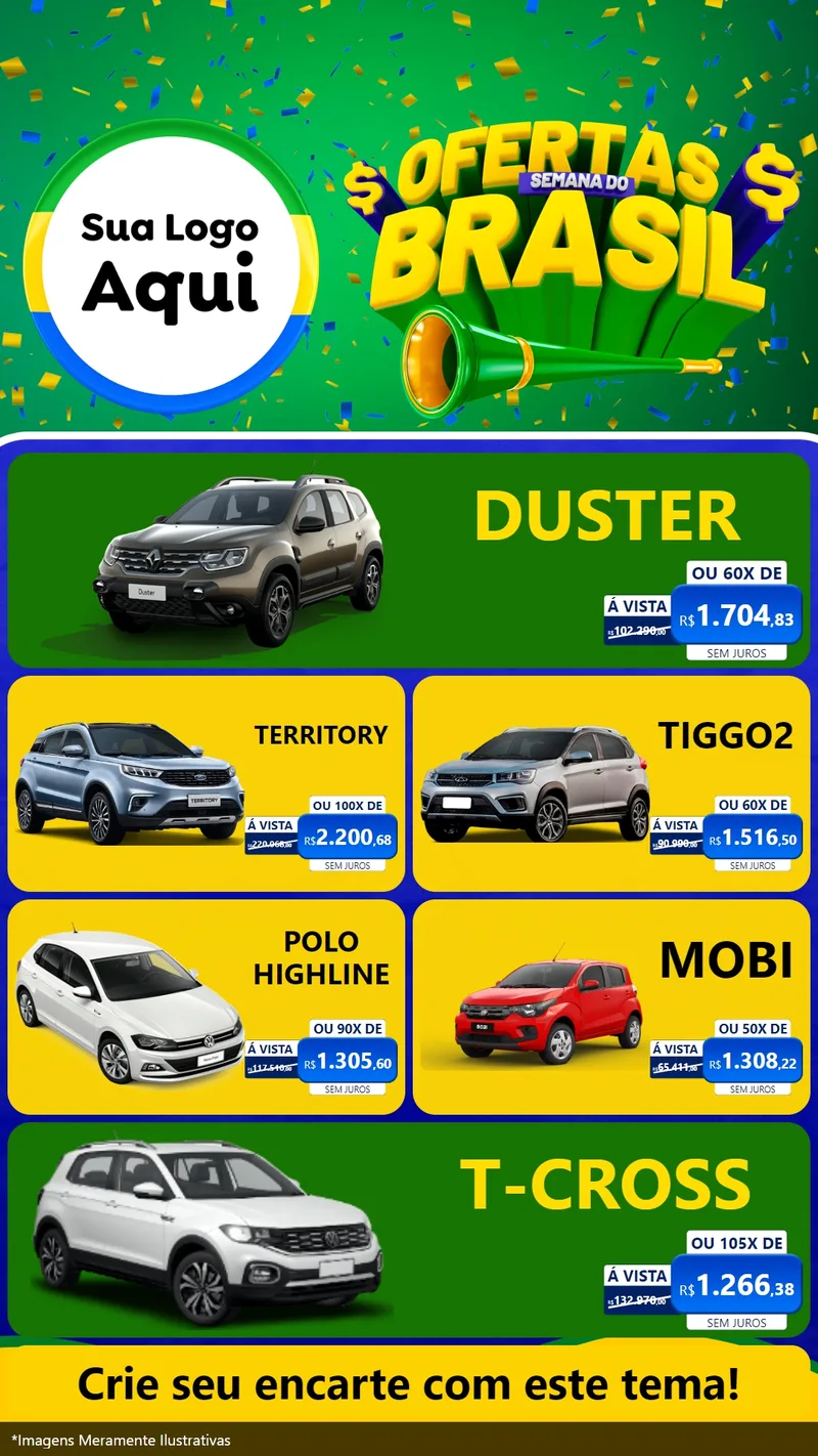 Modelo de TV para TV Vertical com o tema Ofertas Semana do Brasil para Concessionaria de Carros