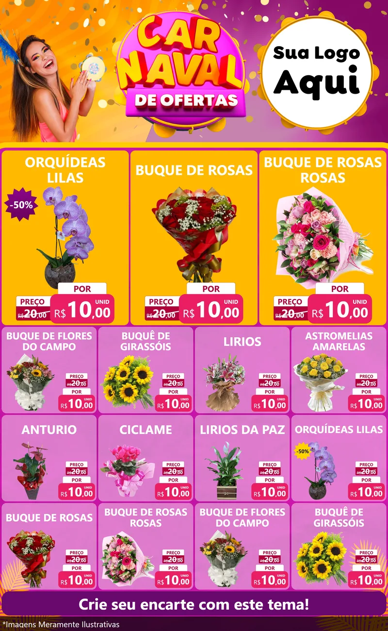 Modelo de Encarte para Encarte Grande com o tema Carnaval de Ofertas para Floricultura e jardim
