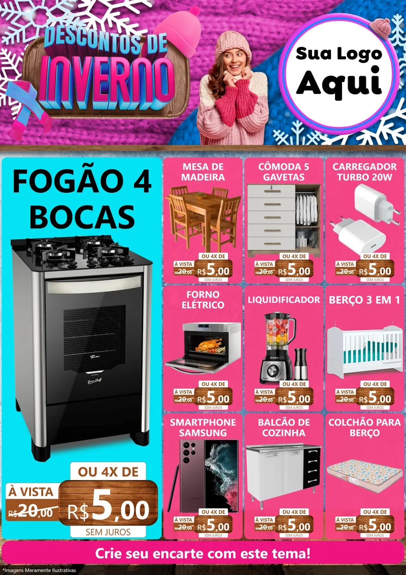 Modelo de Encarte para Encarte A4 Vertical com o tema Descontos de Inverno para Móveis e Eletro