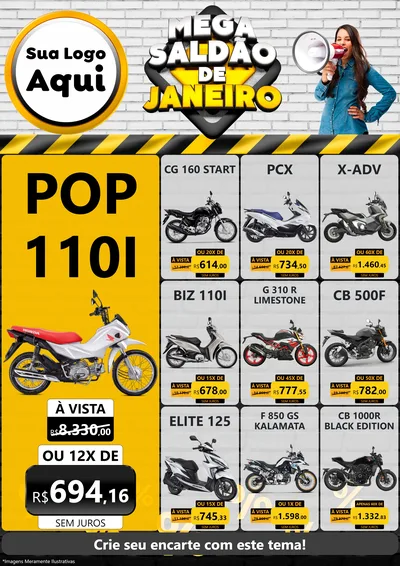 Modelo de Encarte para Encarte A4 Vertical com o tema Mega Saldão de Janeiro para Concessionaria de Motos