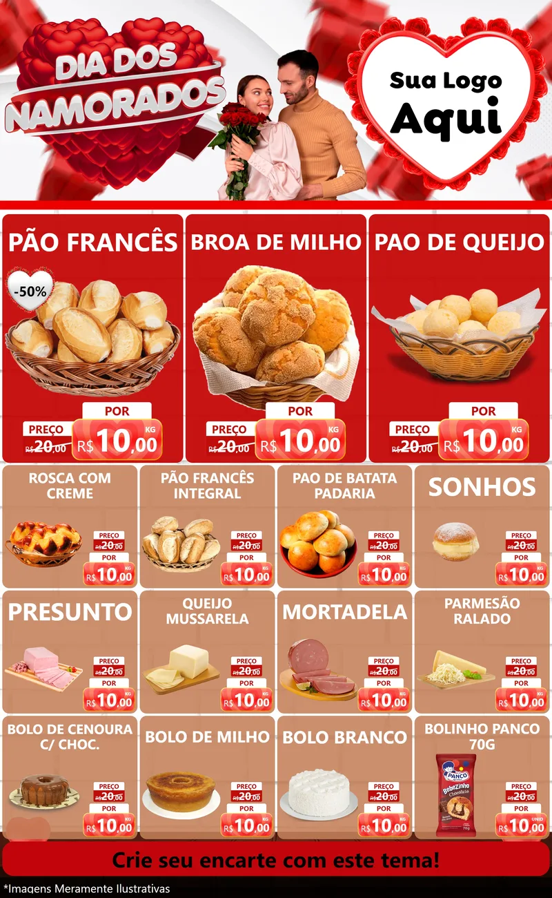 Modelo de Encarte para Encarte Grande com o tema Dia dos Namorados para Padaria