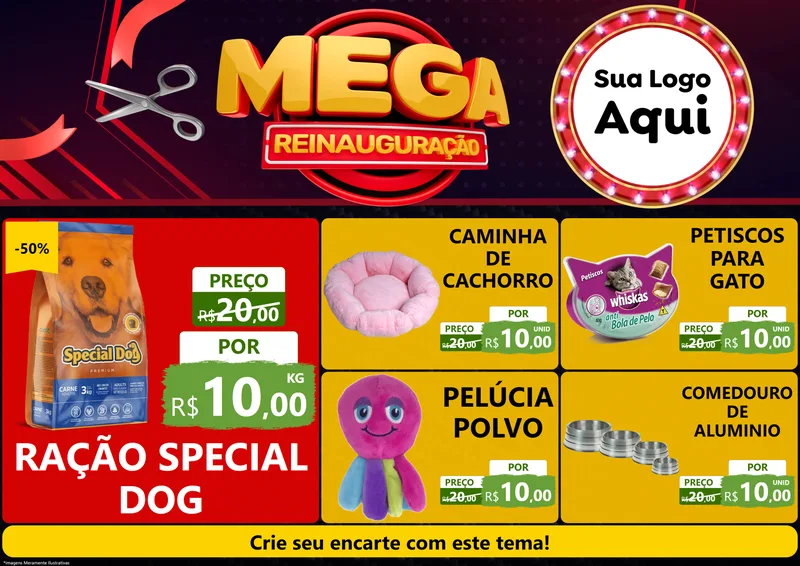Modelo de Encarte para Encarte A4 Horizontal com o tema Mega Reinauguração para Pet Shop