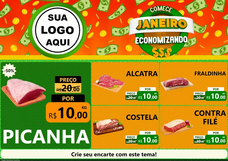 Modelo de Encarte para Encarte A4 Horizontal com o tema Comece Janeiro Economizando para Açougue