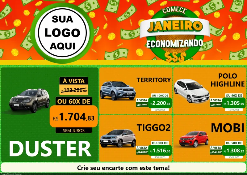 Modelo de Encarte para Encarte A4 Horizontal com o tema Comece Janeiro Economizando para Concessionaria de Carros