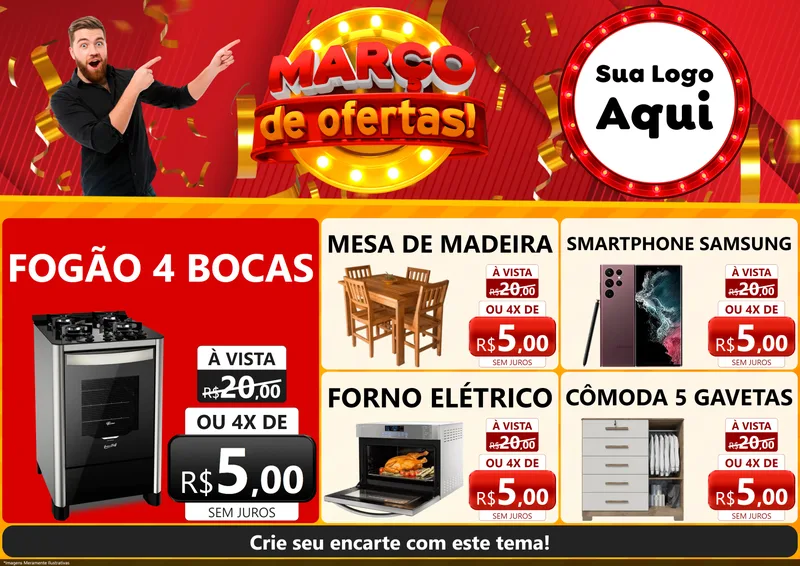 Modelo de Encarte para Encarte A4 Horizontal com o tema Março de Ofertas! para Móveis e Eletro