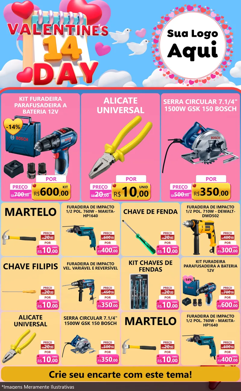 Modelo de Encarte para Encarte Grande com o tema Valentine's Day para Maquinas e Ferramentas