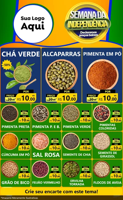 Modelo de Encarte para Encarte Grande com o tema Semana da Independência Declaramos Preços Baixos para Produtos Naturais