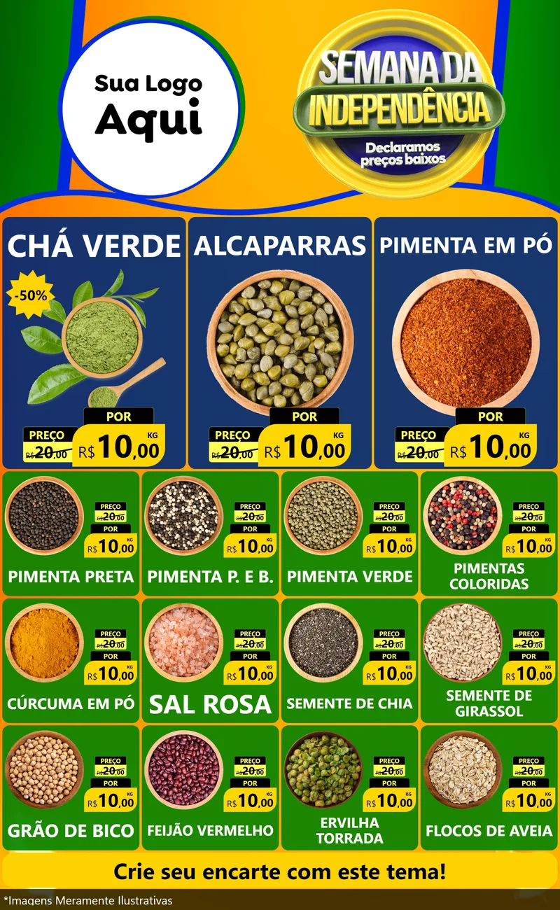 Modelo de Encarte para Encarte Grande com o tema Semana da Independência Declaramos Preços Baixos para Produtos Naturais