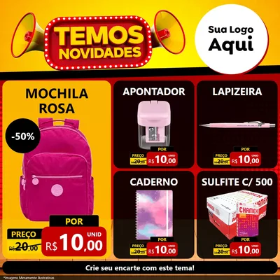 Modelo de Rede Social para Feed Facebook com o tema Temos Novidades para Papelaria