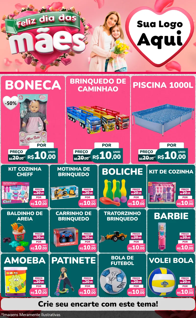 Modelo de Encarte para Encarte Grande com o tema Feliz Dia das Mães para Brinquedos