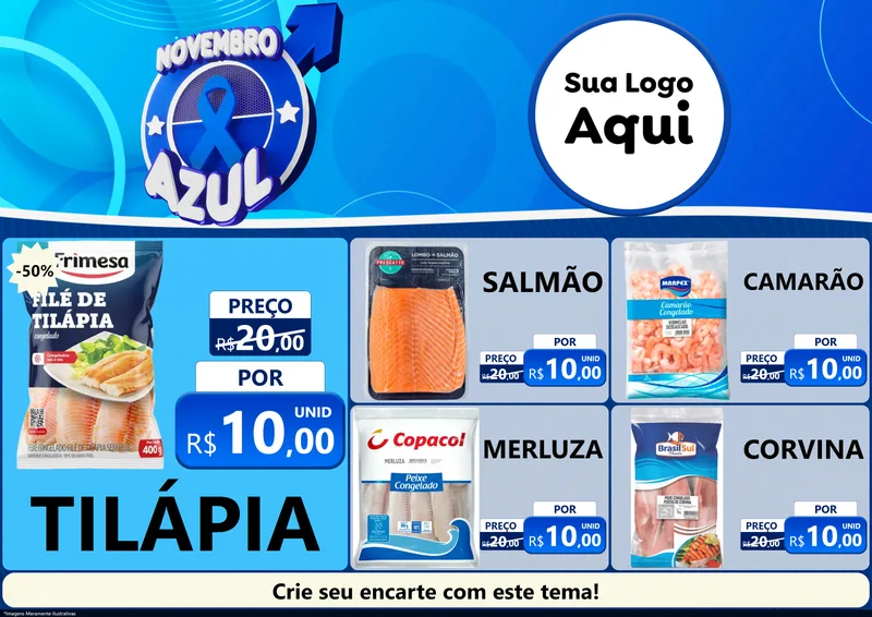 Modelo de Encarte para Encarte A4 Horizontal com o tema Novembro Azul para Peixaria