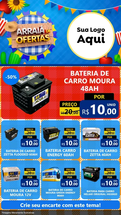 Modelo de Rede Social para Stories com o tema Arraiá de Ofertas para Baterias Elétricas