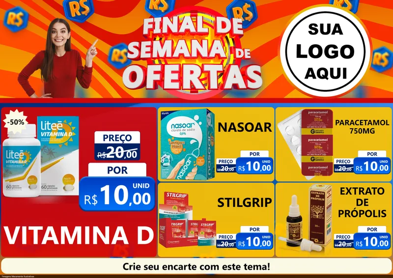 Modelo de Encarte para Encarte A4 Horizontal com o tema Final de Semana de Ofertas para Farmácia