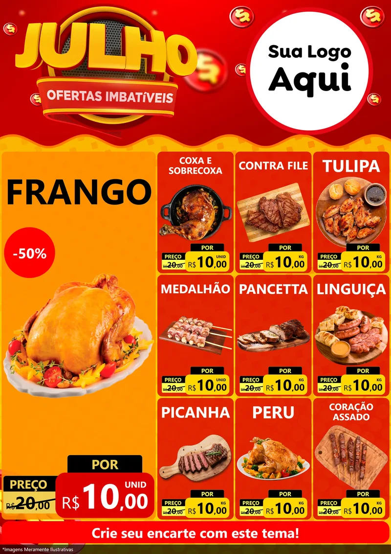 Modelo de Encarte para Encarte A4 Vertical com o tema Julho Ofertas Imbatíveis para Assados