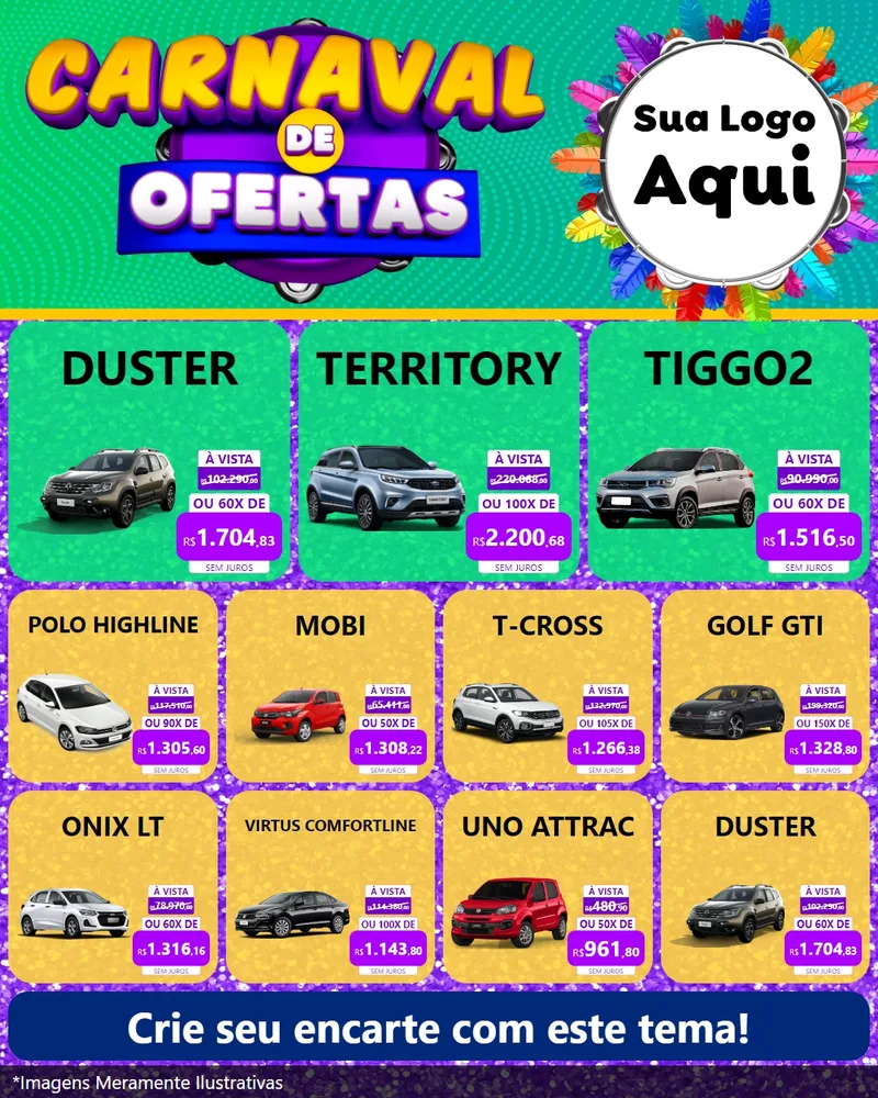 Modelo de Rede Social para Feed Instagram com o tema Carnaval de Ofertas para Concessionaria de Carros