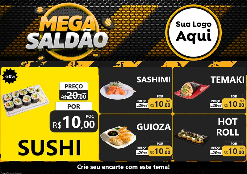 Modelo de Encarte para Encarte A4 Horizontal com o tema Mega Saldão para Comida japonesa