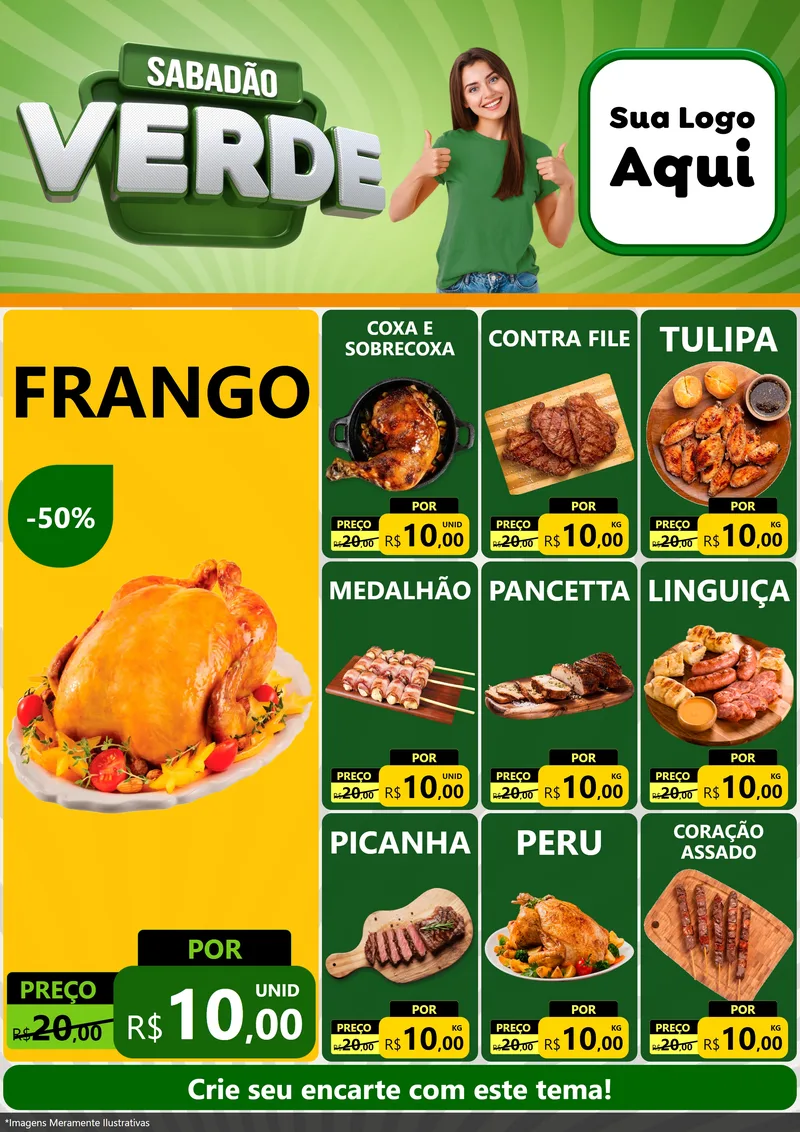 Modelo de Encarte para Encarte A4 Vertical com o tema Sabadão Verde para Assados