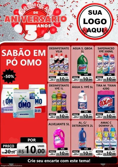Modelo de Encarte para Encarte A4 Vertical com o tema Promoção de Aniversário - 3 Anos para Produtos de Limpeza