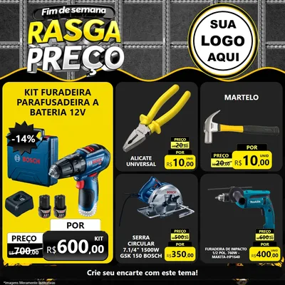 Modelo de Rede Social para Feed Facebook com o tema Fim de Semana Rasga Preço para Maquinas e Ferramentas
