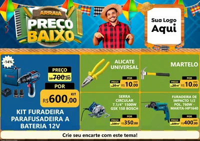 Modelo de Encarte para Encarte A4 Horizontal com o tema Arraiá de Preço Baixo - Junina para Maquinas e Ferramentas