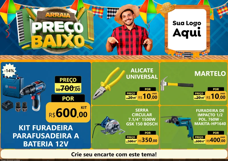 Modelo de Encarte para Encarte A4 Horizontal com o tema Arraiá de Preço Baixo - Junina para Maquinas e Ferramentas