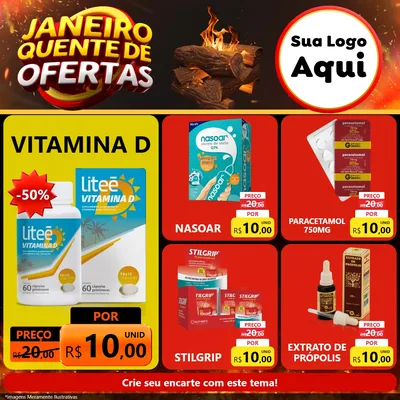 Modelo de Rede Social para Feed Facebook com o tema Janeiro Quente de Ofertas para Farmácia