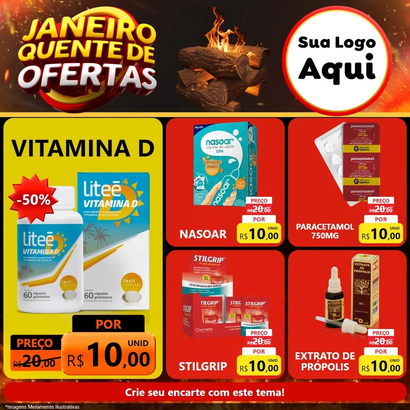 Modelo de Rede Social para Feed Facebook com o tema Janeiro Quente de Ofertas para Farmácia