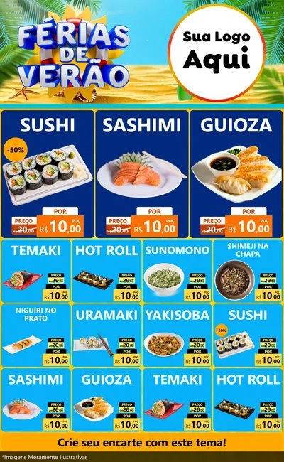 Modelo de Encarte para Encarte Grande com o tema Férias de Verão para Comida japonesa