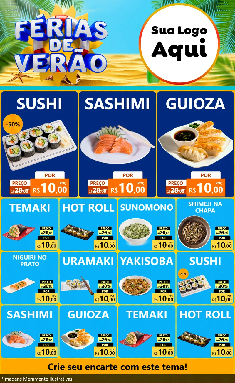 Modelo de Encarte para Encarte Grande com o tema Férias de Verão para Comida japonesa