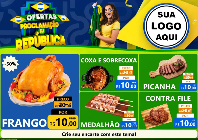 Modelo de Encarte para Encarte A4 Horizontal com o tema Ofertas Proclamação da República para Assados