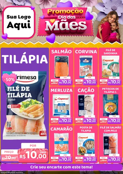 Modelo de Encarte para Encarte A4 Vertical com o tema Promoção Dia das Mães para Peixaria