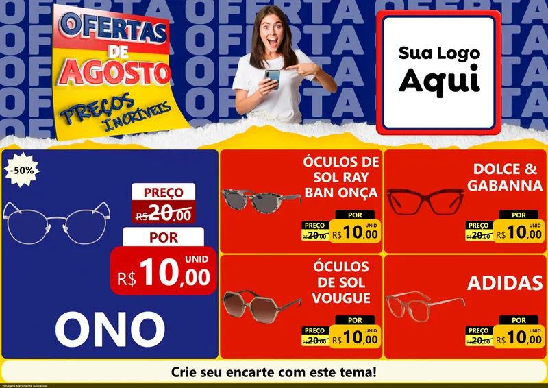 Modelo de Encarte para Encarte A4 Horizontal com o tema Ofertas de Agosto - Preços Incríveis para Óticas