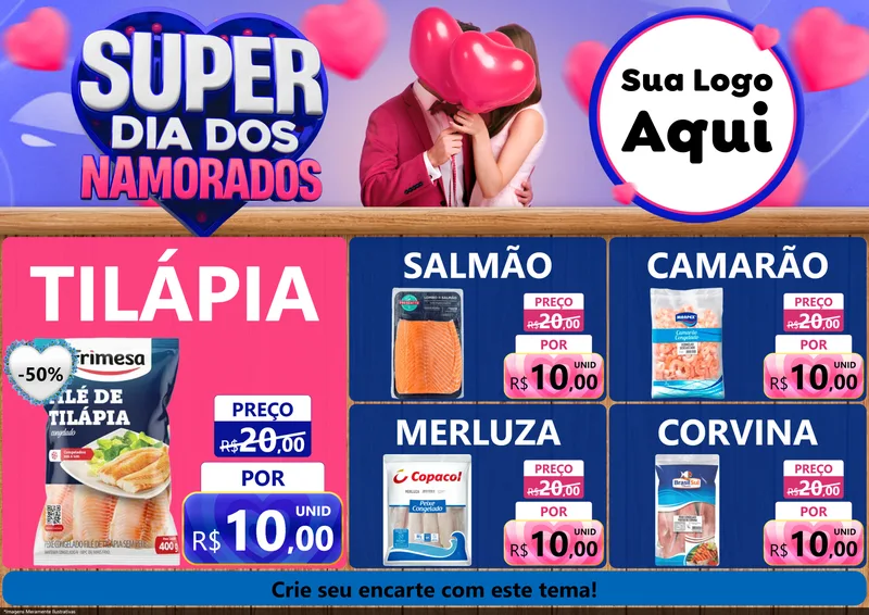 Modelo de Encarte para Encarte A4 Horizontal com o tema Super Dia dos Namorados para Peixaria