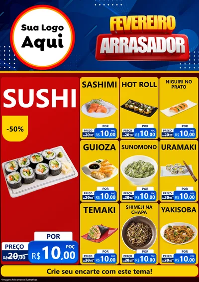 Modelo de Encarte para Encarte A4 Vertical com o tema Fevereiro Arrasador para Comida japonesa