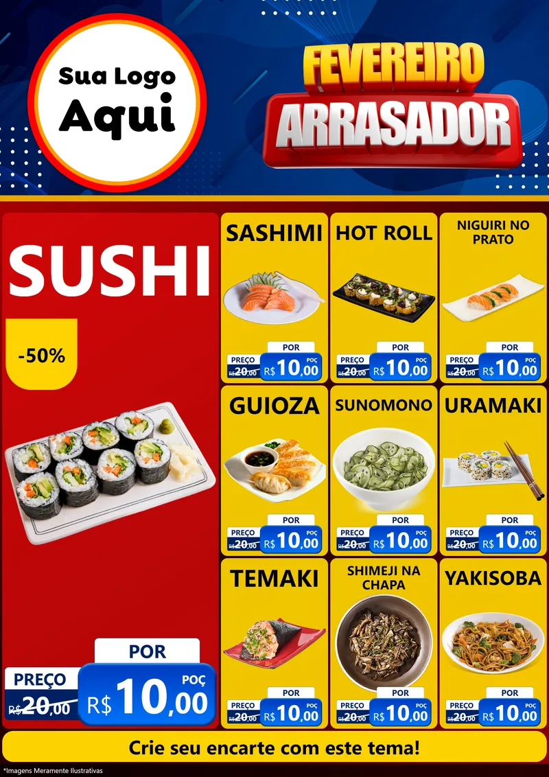 Modelo de Encarte para Encarte A4 Vertical com o tema Fevereiro Arrasador para Comida japonesa