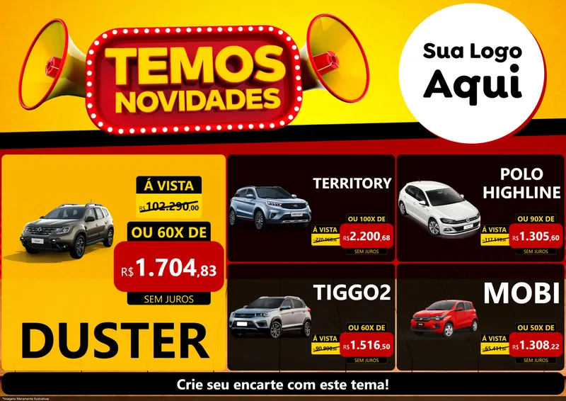 Modelo de Encarte para Encarte A4 Horizontal com o tema Temos Novidades para Concessionaria de Carros