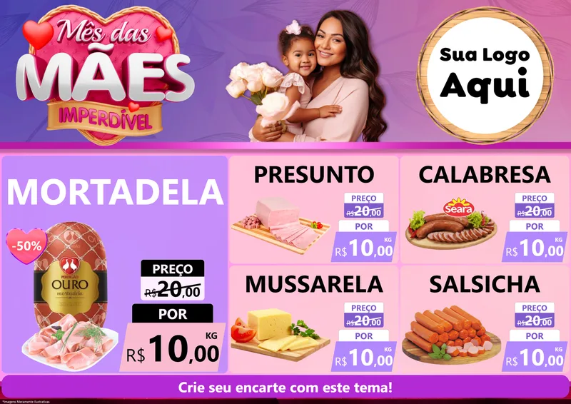 Modelo de Encarte para Encarte A4 Horizontal com o tema Mês das Mães Imperdível para Frios e Laticínios