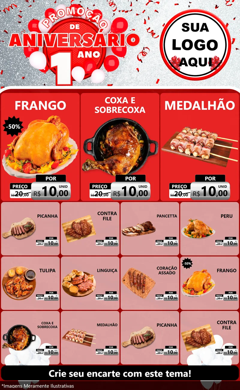 Modelo de Encarte para Encarte Grande com o tema Promoção de Aniversário - 1 Ano para Assados
