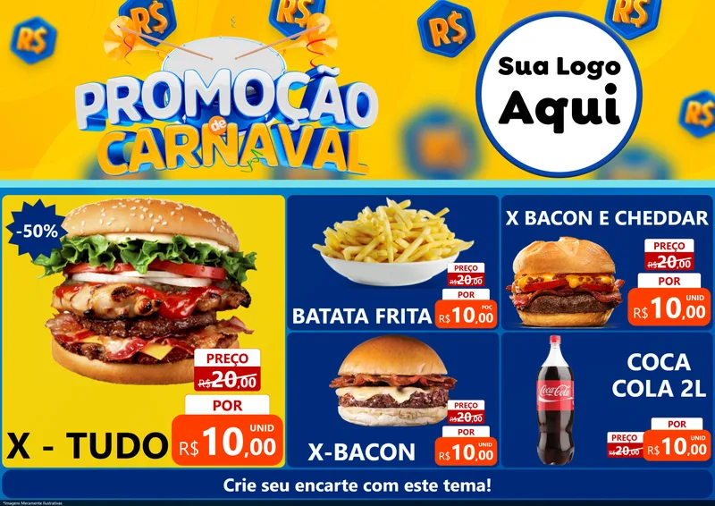 Modelo de Encarte para Encarte A4 Horizontal com o tema Promoção de Carnaval para Hamburgueria