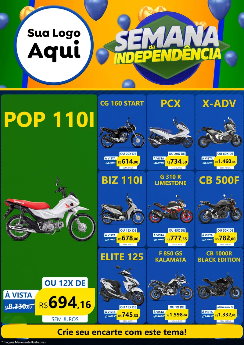 Modelo de Encarte para Encarte A4 Vertical com o tema Semana da Independência para Concessionaria de Motos